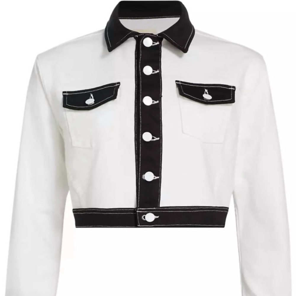 L'AGENCE White Cropped Jean Jacket with Black Contrast Trim